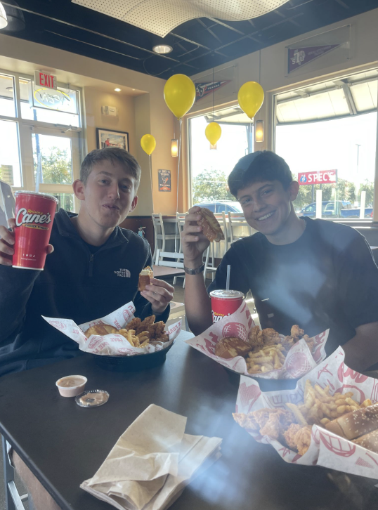 Seniors Kyle Beinart and Tanner Duffey enjoying their Box Combos at Cane's. 